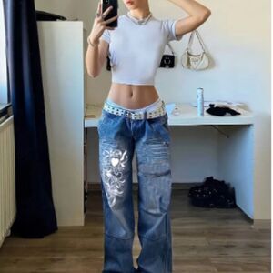 Washed Heart Pattern Cargo Jeans, Slash Pocket Whiskering Low Rise Loose L(8/10)